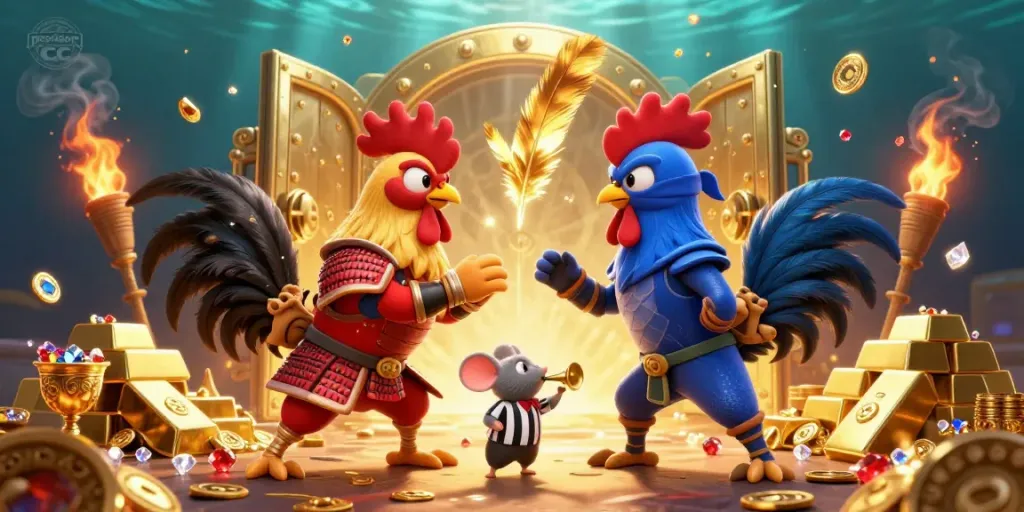 Experience exhilarating gameplay at presiden cc with this vibrant illustration of fighting roosters in a treasure-filled arena.
