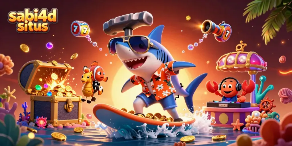 Ilustrasi karakter kartun 3D dengan tema judi di bawah laut untuk sabi4d situs, menampilkan hiu, ikan badut dan kepiting DJ.