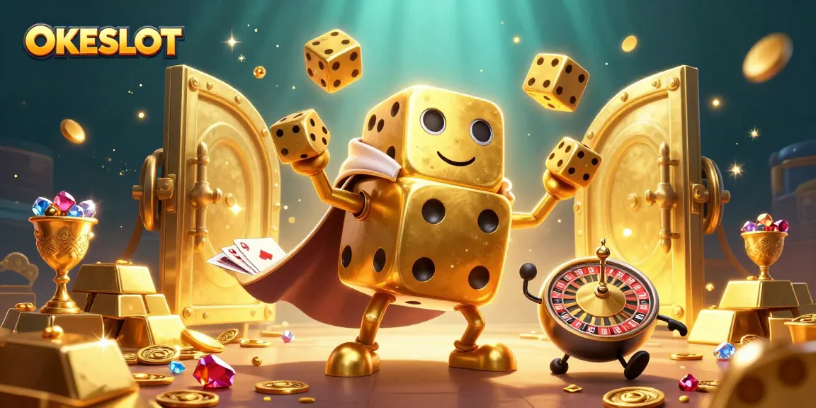 Memenangkan jackpot di OKESLOT sambil dikelilingi oleh harta karun dan keseruan permainan slot.