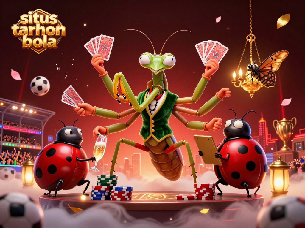 Engage in situs taruhan bola with a dynamic 3D scene of a giant mantis and ladybug, set in a vibrant sports betting environment.