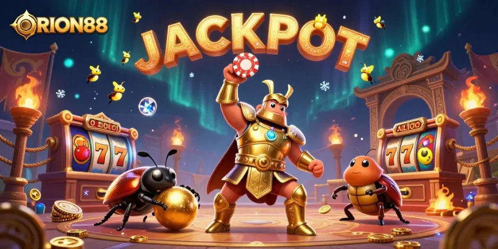 Engage in exciting gameplay at ORION88 with a vibrant 3D casino-themed illustration showcasing a victorious beetle and jackpot!