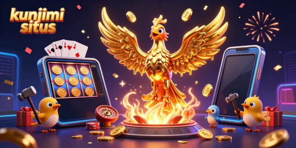 Menangkan jackpot dan kunjungi situs slot Gacor dengan phoenix emas berapi-api di latar belakang.