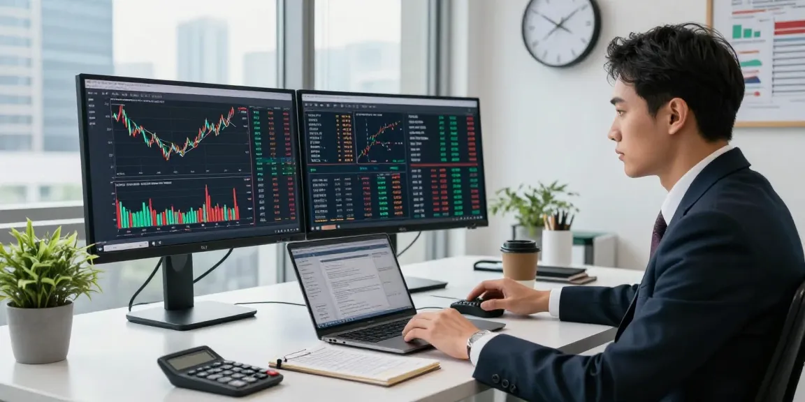 Lingkungan kerja finansial modern dengan analis keuangan menggunakan UE99 untuk analisis pasar.