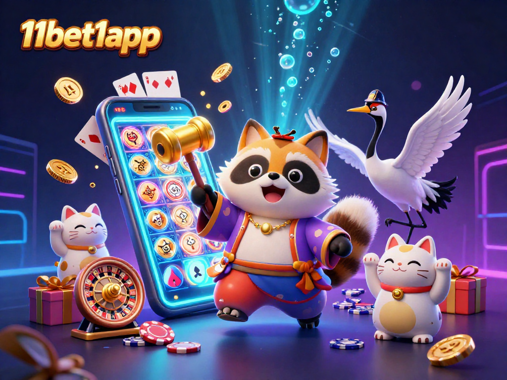 Experience the vibrant 11bet1app casino scene with lucky tanuki, games, and festive elements.