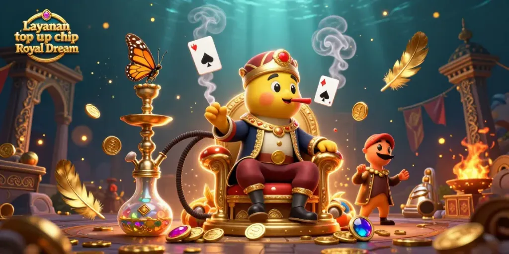 Layanan top up chip Royal Dream showcases an immersive 3D scene with a caterpillar master interacting with poker symbols.