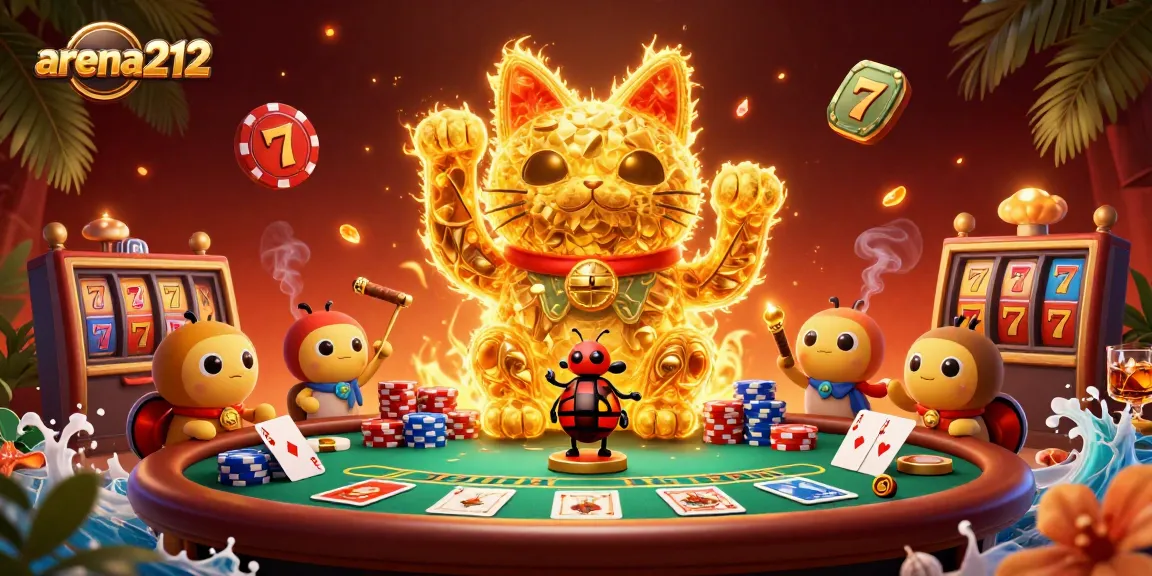 Slot online yang menguntungkan di arena212, dengan simbol kasino dan chip poker berlimpah.