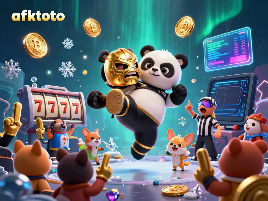 AFKTOTO: Menghadirkan aksi seru dengan panda pegulat dan simbol slot berkilau.