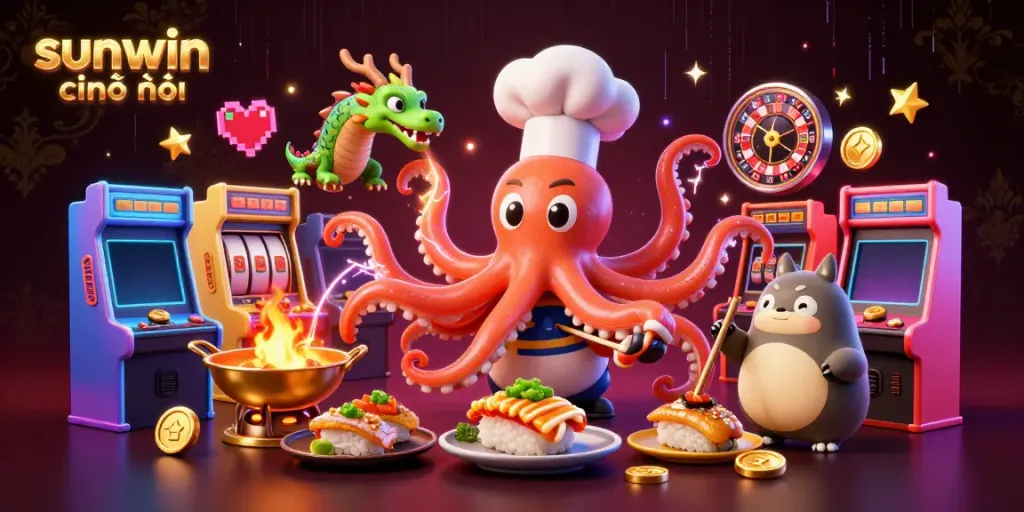 Engaging scene showcasing sunwin chính thức with a vibrant sushi chef octopus, fiery dragon, and tanuki in a dynamic casino setting.