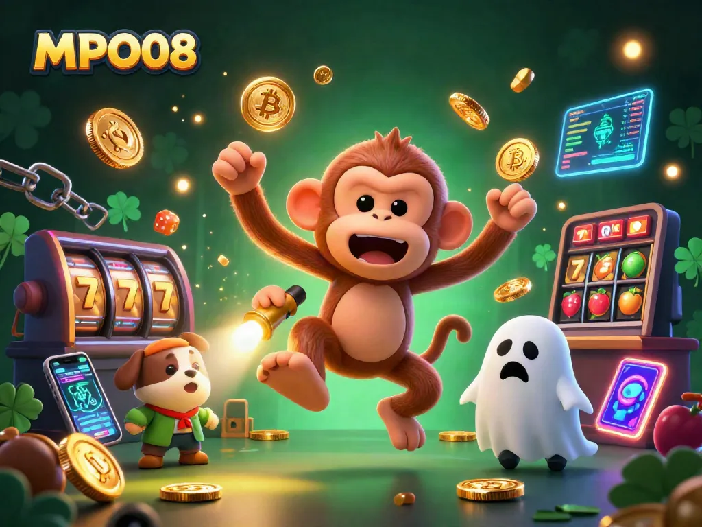 Experience the excitement of MPO08 in a lively haunted casino scene with a mischievous monkey and a ghost-hunter puppy.