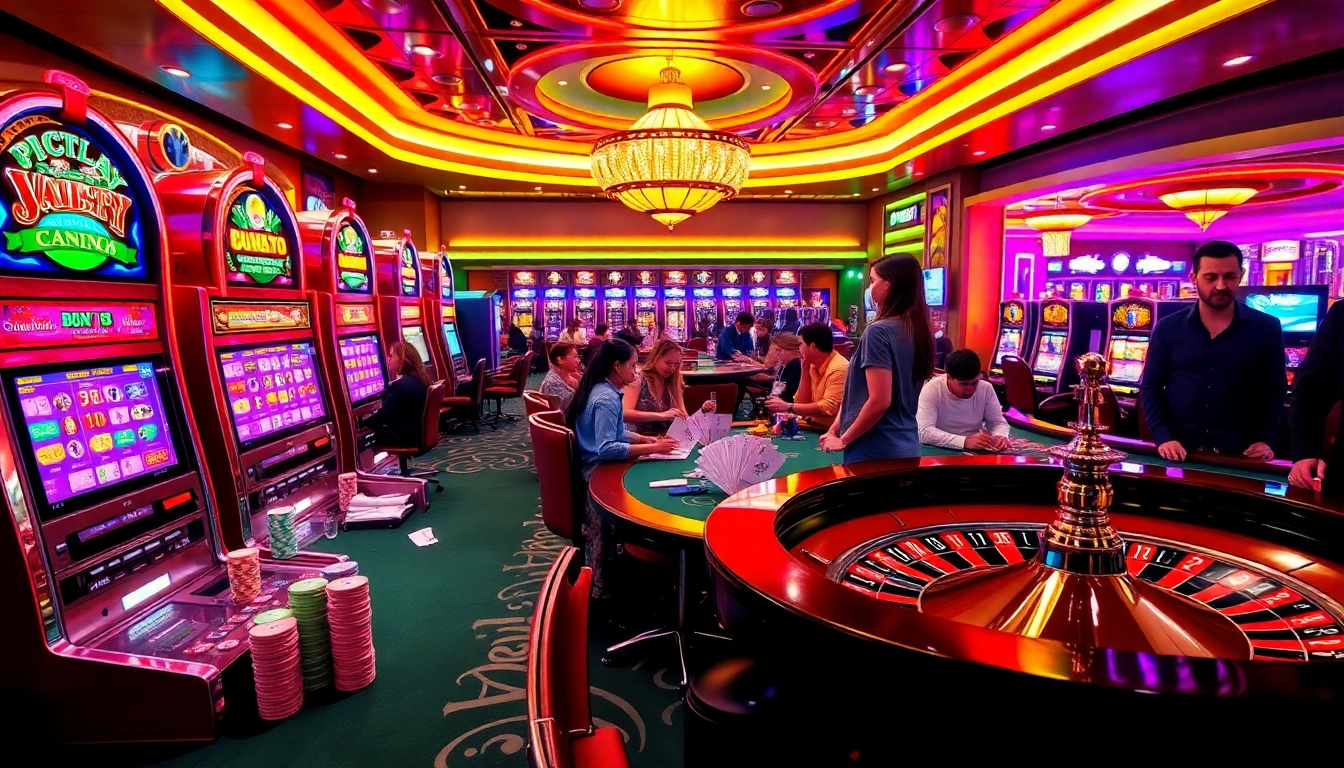 Experience the excitement of onicplay login with vibrant casino visuals featuring slot machines and poker action.