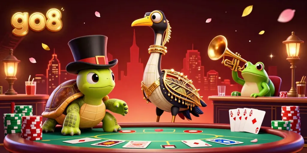Experience thrilling moments at go8 casino with vibrant poker games and engaging characters in a dynamic scene.