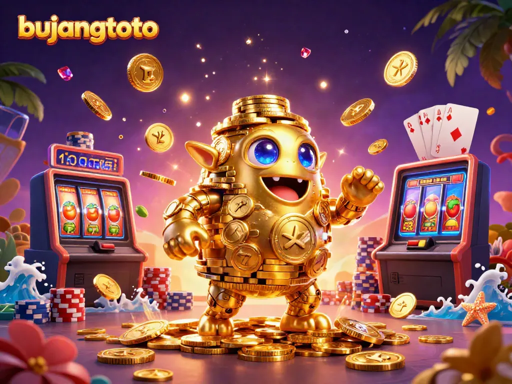 Experience the excitement of bujangtoto with a 3D animated golem made of gold coins, slot machines, and vibrant casino elements.
