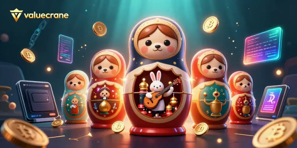Permainan seru dengan valuecrane menampilkan boneka Matryoshka kasino dan dealer dalam suasana bermain yang ceria.
