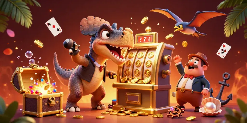 Catch jackpot coins in a dynamic febet9 illustration featuring a pachycephalosaurus, an ankylosaurus, and a pteranodon.