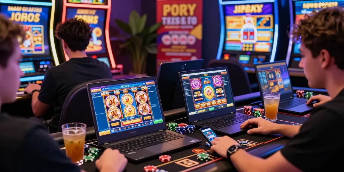 Players enjoying situs slot games on devices in a vibrant online casino atmosphere.