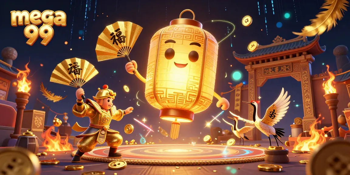 Spin to win with mega 99 in this vibrant scene depicting a golden lantern spirit surrounded by lucky symbols.
