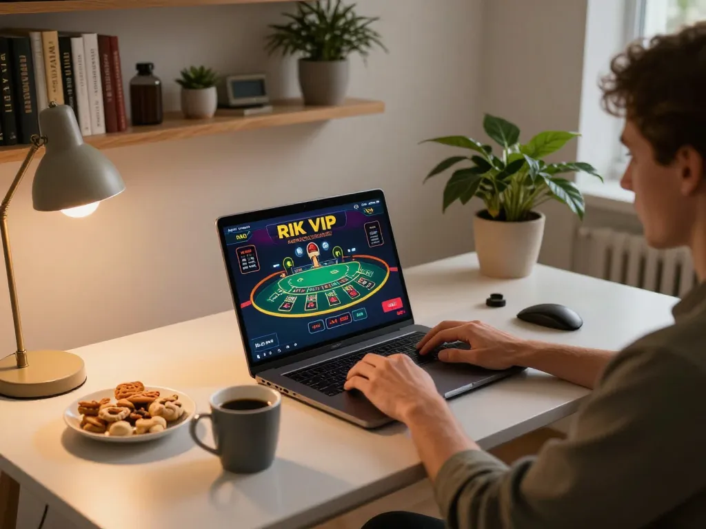 Playing RIK VIP blackjack in a cozy home office, showcasing strategic online gaming setup.