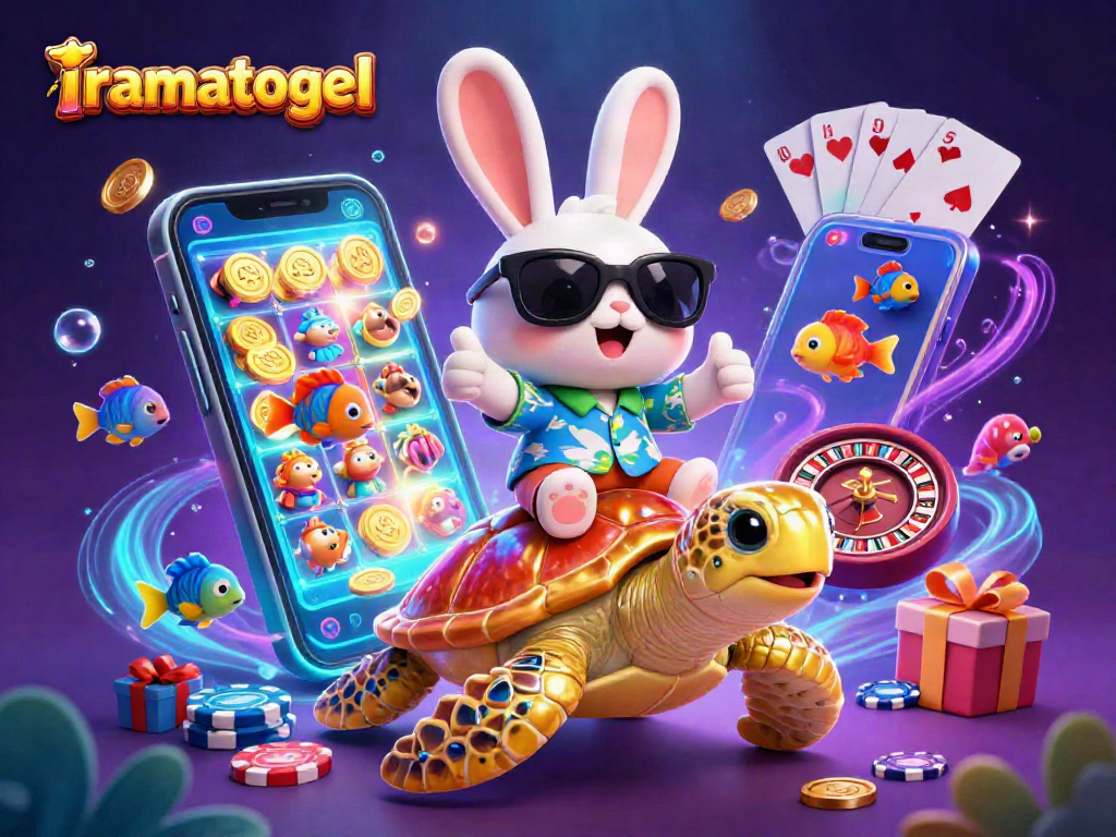 Raih jackpot iramatogel dengan rabbit beruntung dan penyu emas dalam ilustrasi ceria