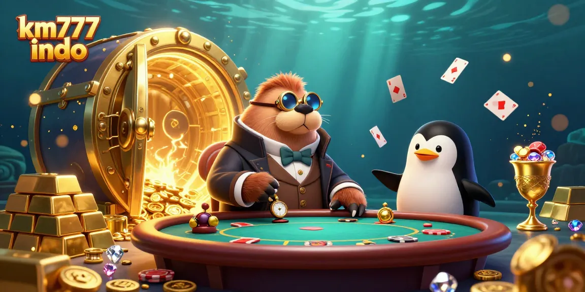 Experience thrilling poker action at km777 indo with a jolly walrus and friends in this vibrant 3D scene.