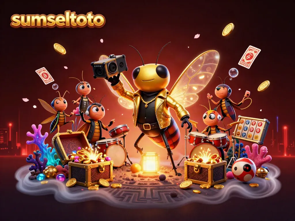 Illustration of the cicada rock star and band with casino elements, representing sumseltoto promotions.