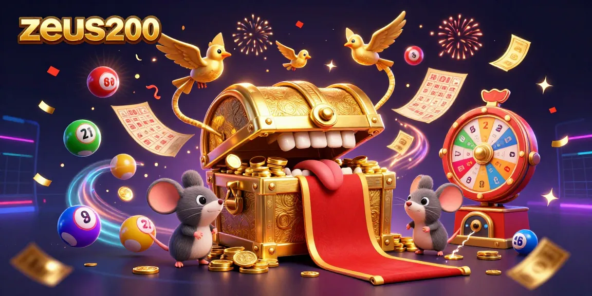 Menangkan hadiah menarik di zeus200 dengan peti harta karun dan bola lotere berwarna-warni.