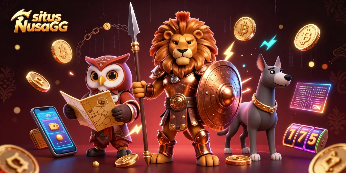 Engage with situs NusaGG through an immersive 3D casino experience showcasing a Spartan lion and crypto elements.