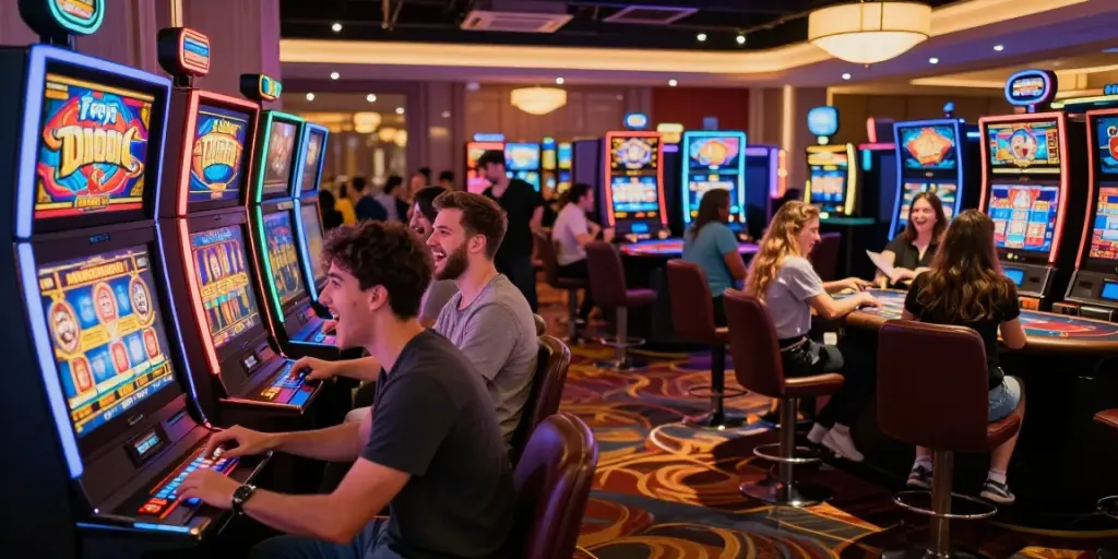 Suasana kasino modern dengan lingkaran slot kingliga, teman-teman menikmati pengalaman bermain yang menyenangkan.