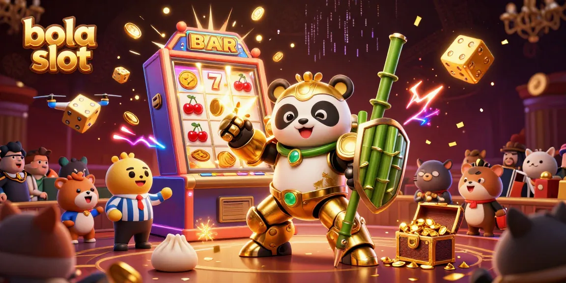 Experience thrilling action with bola slot as a golden panda battles with a bamboo robot amidst casino excitement.