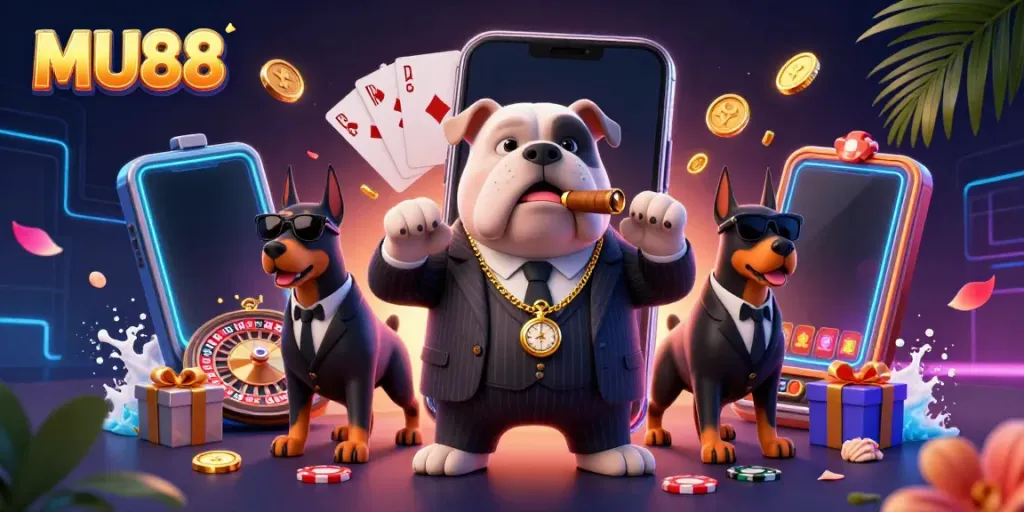 MU88 showcases excitement with a mafia boss bulldog and Doberman bodyguards in a vibrant casino scene.