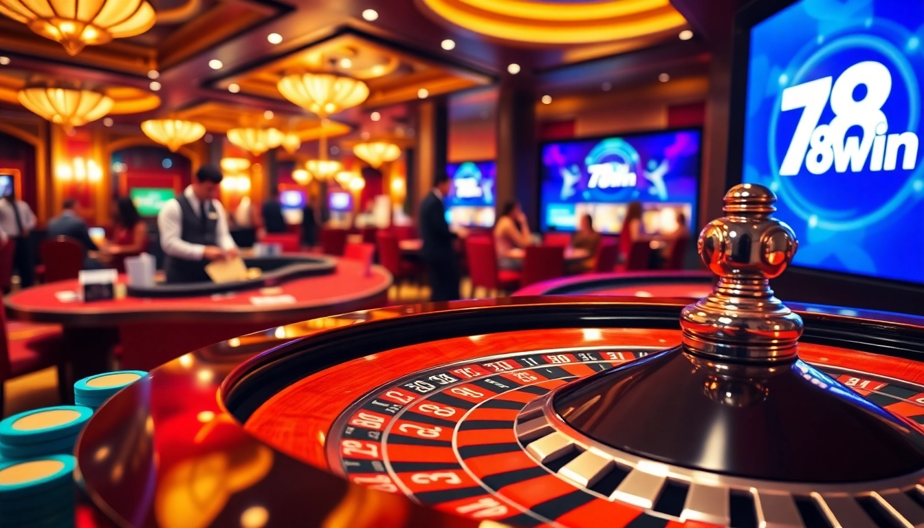 Link vào 78Win at a vibrant roulette table, showcasing sleek chips and enthusiastic players.