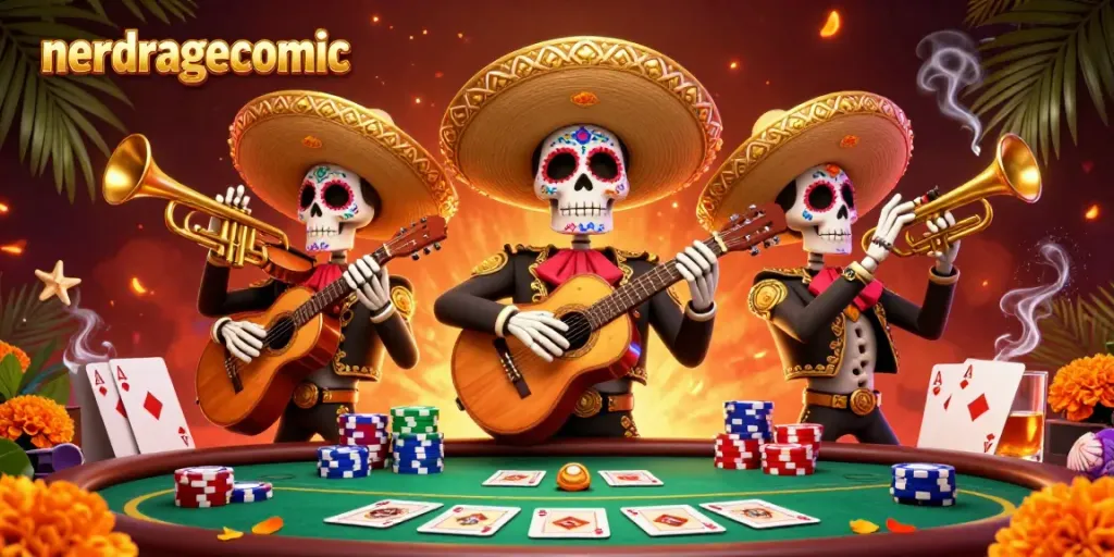 Ilustrasi komik nerdragecomic menampilkan trio skeleton mariachi bermain poker dengan suasana meriah