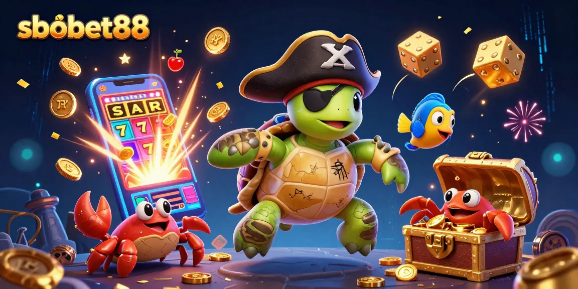 Taruhan secara online bersama sbobet88 dengan karakter laut yang menarik, mesin slot, dan koin emas.