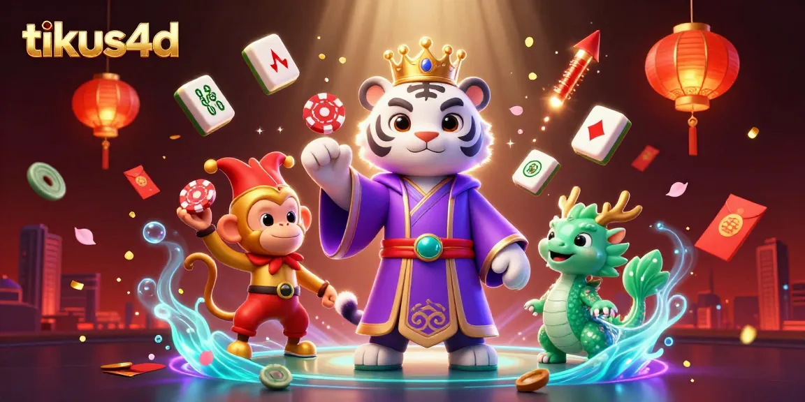 Tikus4d features a vibrant scene with a white tiger, golden monkey, and jade dragon amidst a celebratory gambling atmosphere.