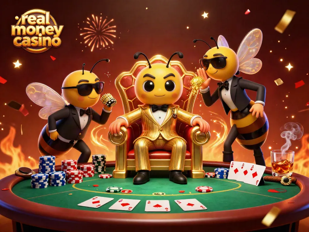 Play exciting games at a real money casino featuring a vibrant cartoon scene with a bumblebee mob boss.