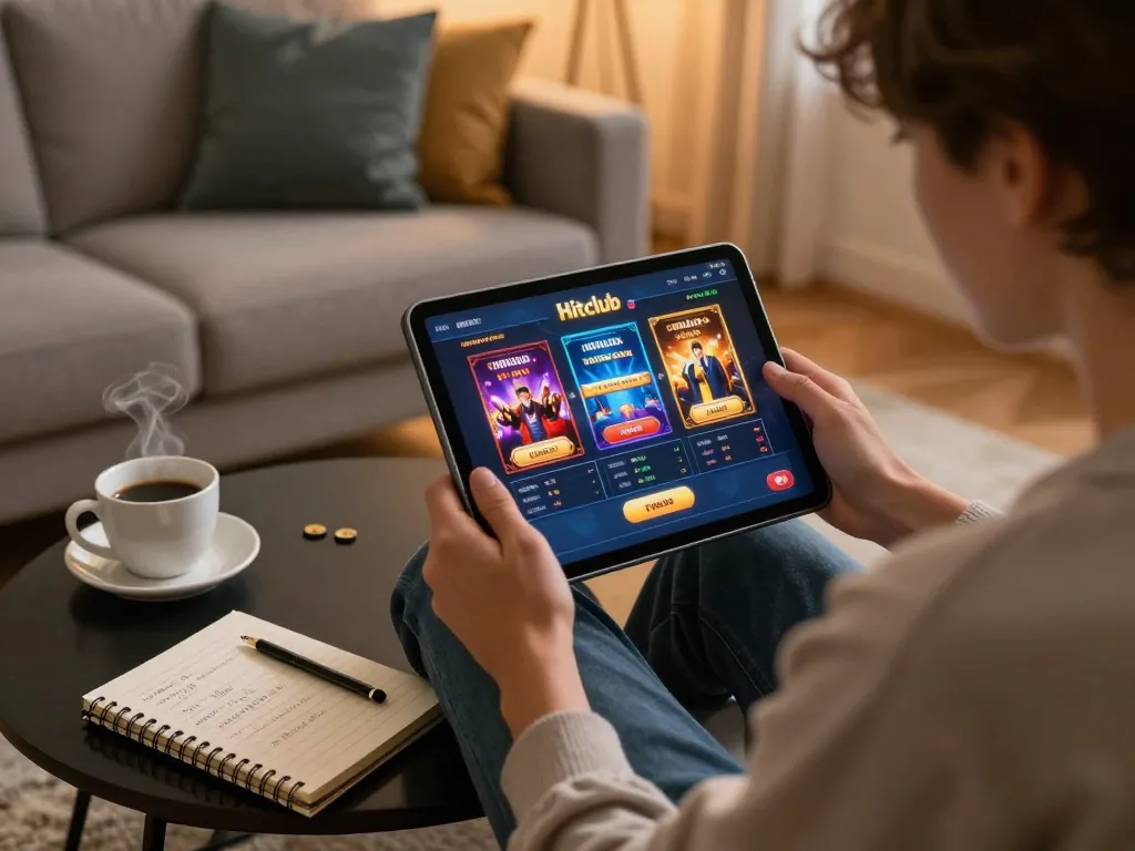 Engaging scene of a player using the Hitclub app on a tablet for an enriching online gaming experience.