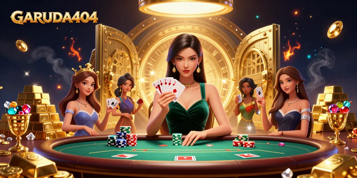Engage with GARUDA404's thrilling online gaming experience at a luxurious poker table.