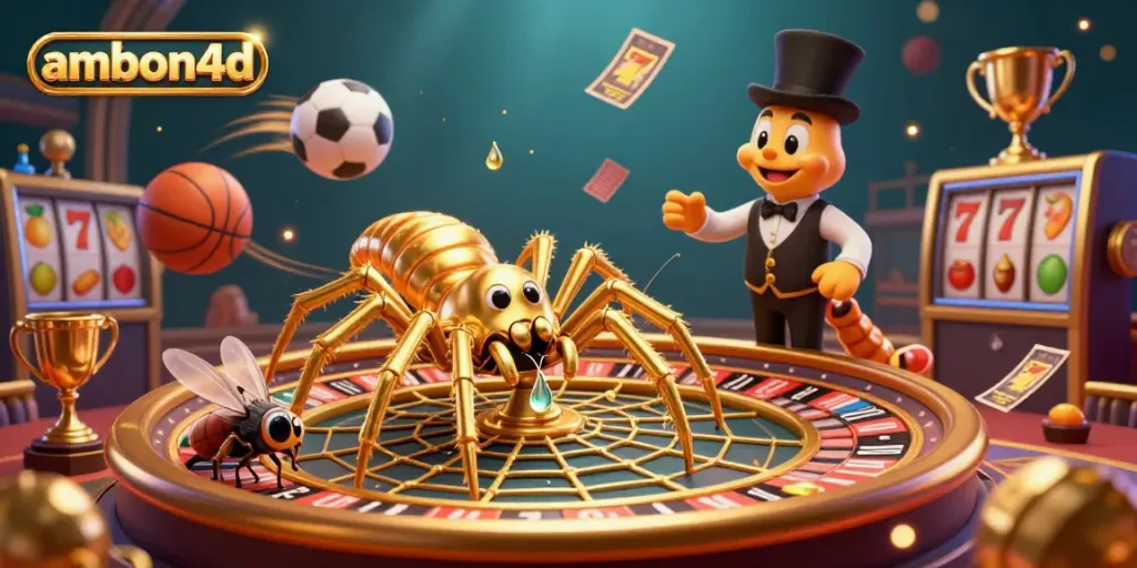 Experience thrilling gameplay at ambon4d with a vibrant casino scene featuring a spider and centipede croupier at a roulette wheel.