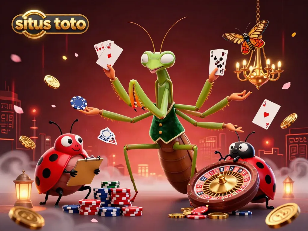 Experience the thrill of situs toto with a lively cartoon scene featuring a mantis card sharp and ladybug pit boss in an exciting casino.