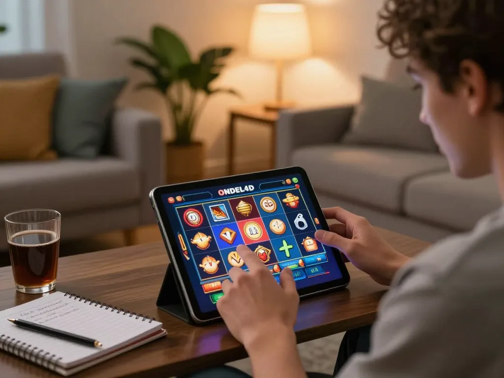 Pemain menikmati permainan slot ONDEL4D di tablet di ruang tamu yang nyaman