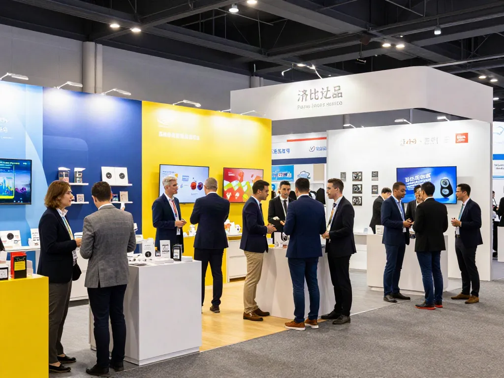 Exhibitors engaging at a trade show, showcasing innovative products, highlighting the interactive atmosphere.