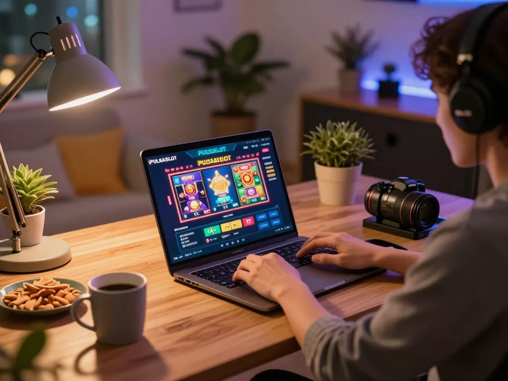 PULSASLOT user engaging with exciting slot games on a laptop in a cozy home setup.