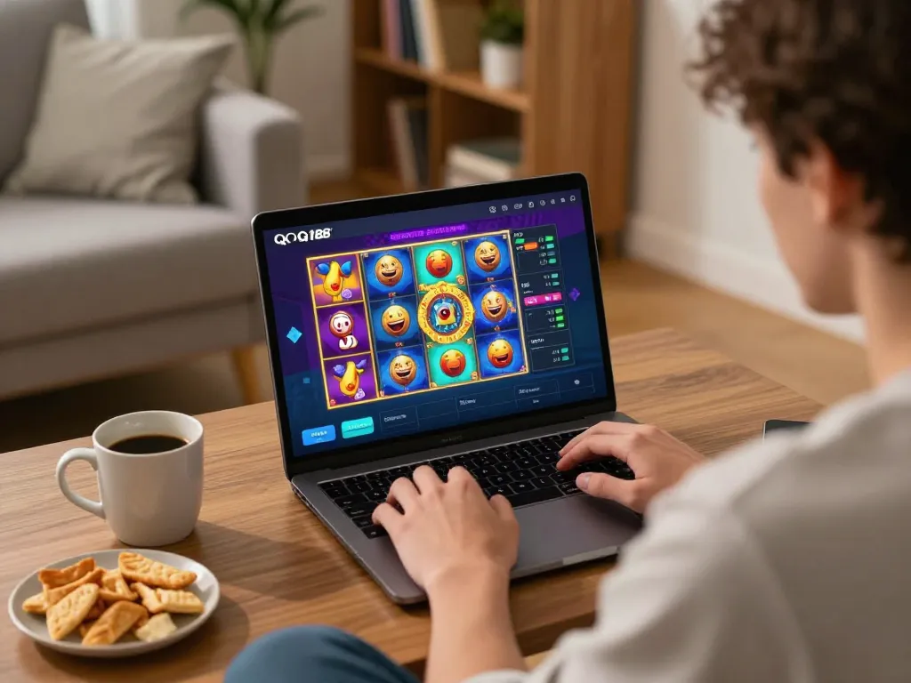 Pemain yang terlibat memutar gulungan di QQ188 Slot dalam suasana rumah yang nyaman, menunjukkan permainan yang bertanggung jawab.