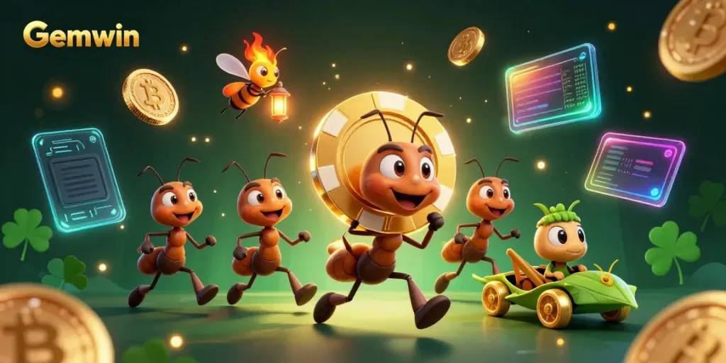 Experience Gemwin's thrilling heist scene with playful 3D ants carrying poker chips amidst sparkling crypto elements.