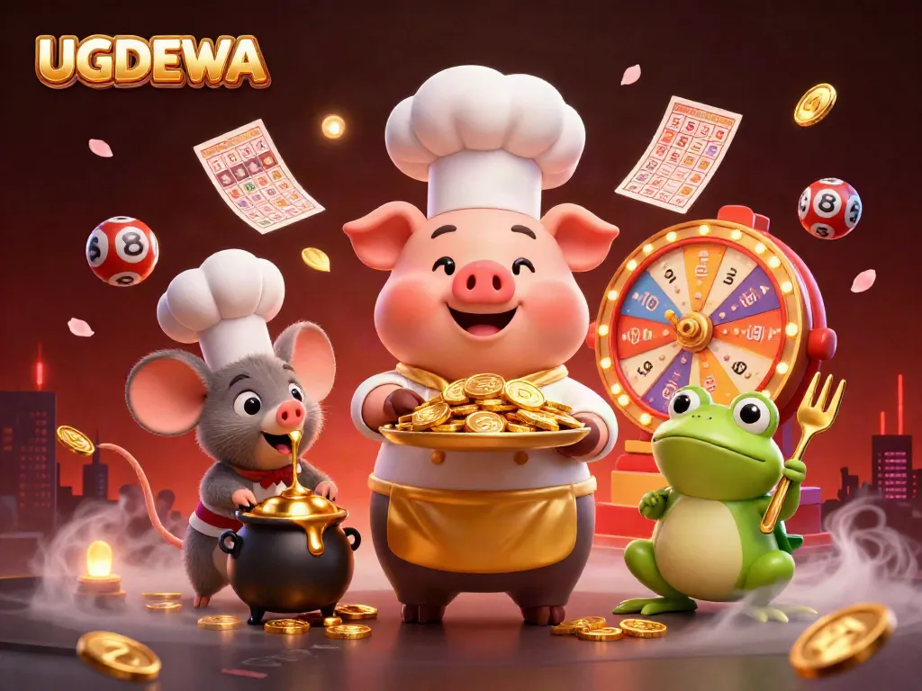 UGDEWA's fun lottery scene showcases a chef pig, mouse sous-chef, and frog critic amid vibrant bingo items.