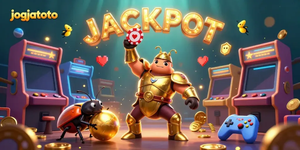 Engaging jogjatoto casino scene showcasing a victorious beetle with poker chips and jackpot fireflies.