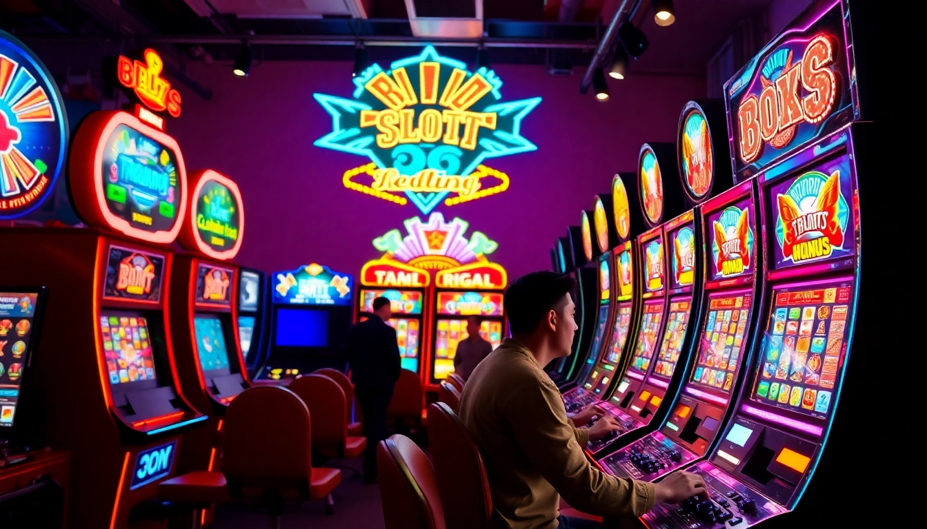 Menggambarkan pengalaman slot demo yang menarik dengan mesin slot penuh warna dan pengunjung yang terlibat.