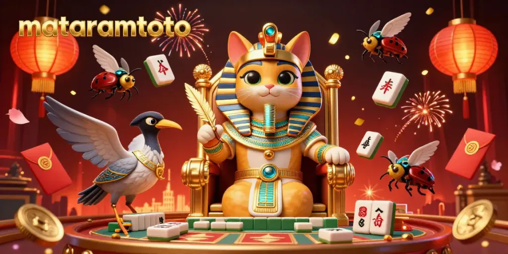 Experience exciting gameplay at mataramtoto with a vibrant casino scene featuring a royal pharaoh cat and festive decorations.