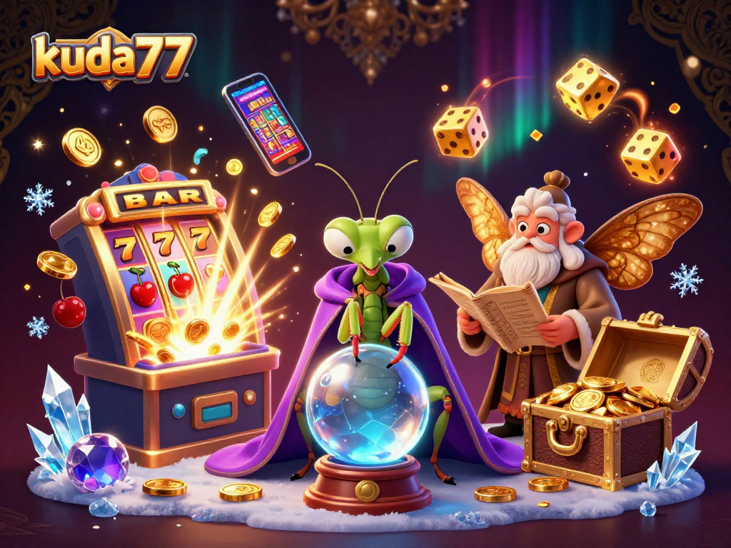 Mainkan slot online Kuda77 dengan jackpot spektakuler dan simbol keberuntungan berkilau.
