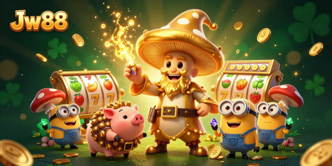 Engage with Jw 88 in this dynamic casino scene featuring a golden mushroom wizard and treasures.