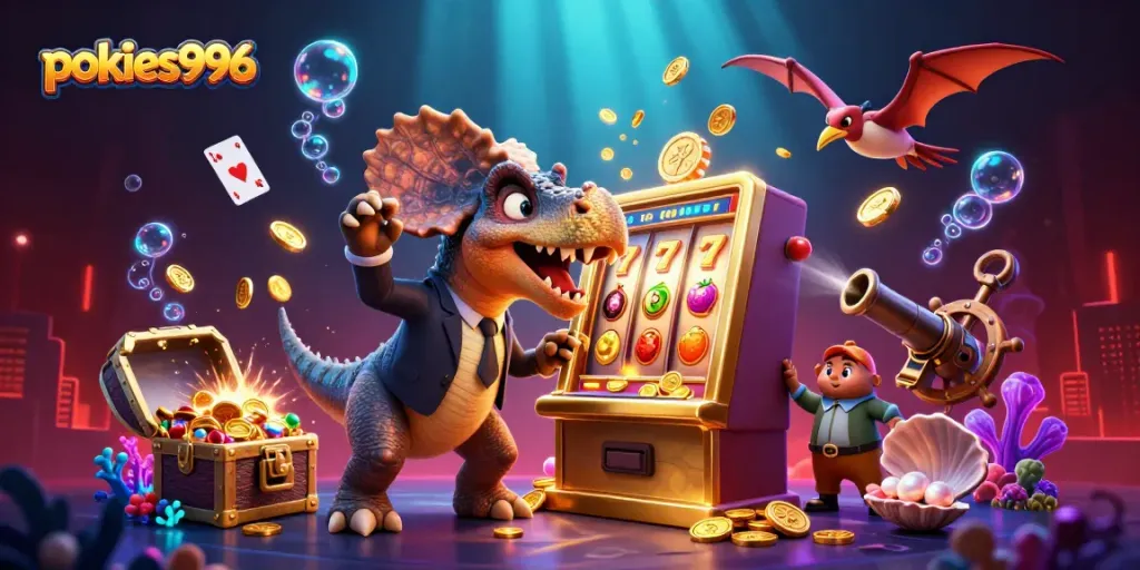 Experience pokies996 action with dinosaurs and golden slots amidst vibrant casino-themed elements.